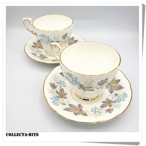 Può includere: Due tazze da tè bianche e piattini con un motivo floreale in tonalità di blu, rosa e giallo. Le tazze hanno un bordo dorato e i piattini hanno un bordo dorato.