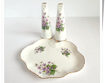 Violets Salt Pepper Shaker and Small Tray or Fancy Plate, Foley and Stewart
