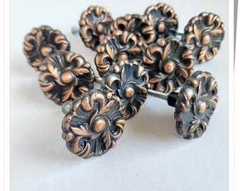 11 Pieces, Vintage Rosette Copper Black Round Drawer Knobs or Pulls