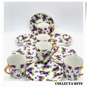 Violet Flower Demitasse Cups and Saucers, Japan, Free Ship to Canada/USA