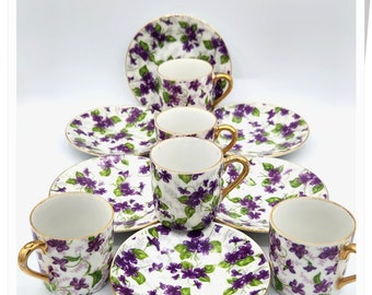 Violet Flower Demitasse Cups and Saucers, Japan, Free Ship to Canada/USA