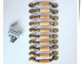 10 Pieces, Oak Wood Brass Captain's Drawer Knobs or Pulls