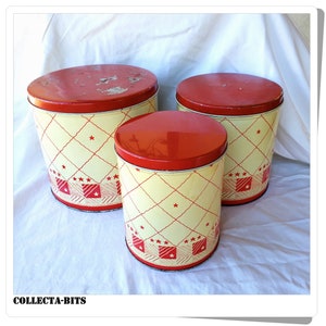 Set of 3 Nesting Kitchen Tin Cannisters, Round, Red and White