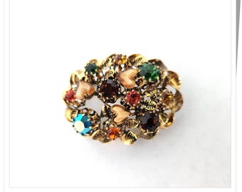 Vintage Austria Brooch, Domed, Heart Glass Beads and Multi Color Rhinestones