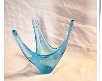 Aquamarine Blue Small Glass Art Vase, 3 Point, White Swirls