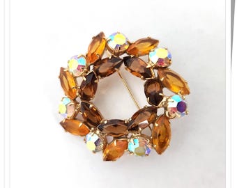 Rhinestone Wreath Brooch, Vintage Open back Brown and AB Rhinestones