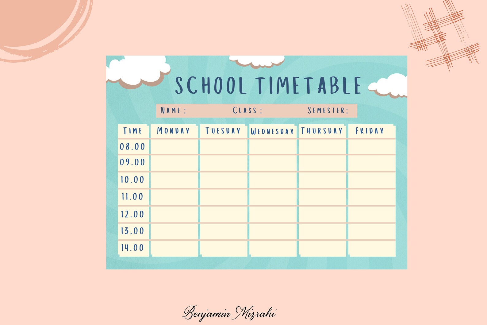 Editable school timetable for kids cloud theme printable school