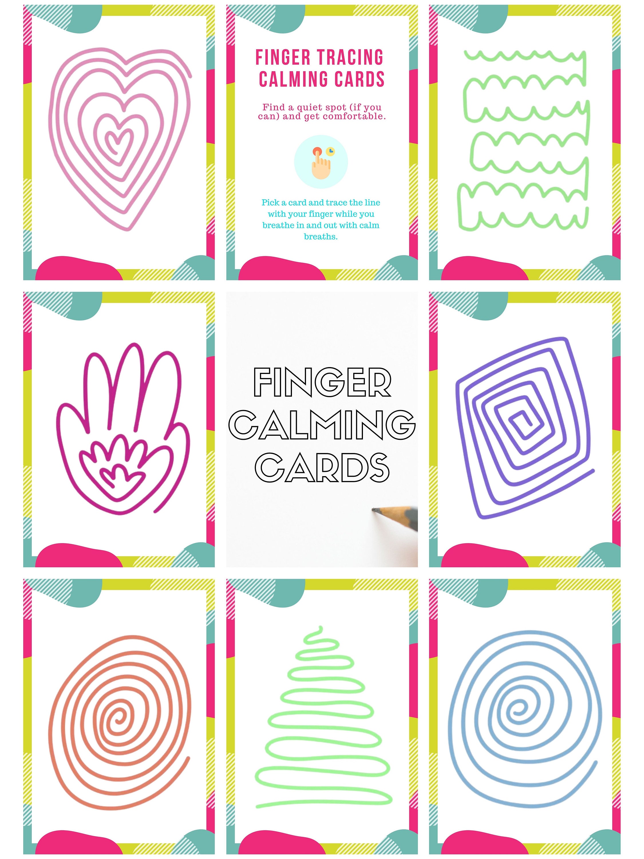 Finger Tracing Calming Cards, Printable Mindfulness Flash Cards, Calm