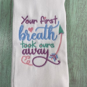 Baby burp cloth, embroidered burp cloth, first breath, baby shower gift, baby gift, burp cloth diapers, newborn gift, newborn burp cloth