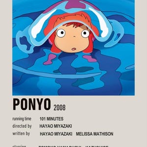 May include: Poster for the animated film "Ponyo" (2008) featuring a character with red hair and a surprised expression, surrounded by blue water. The poster includes the film's title, year, and credits.