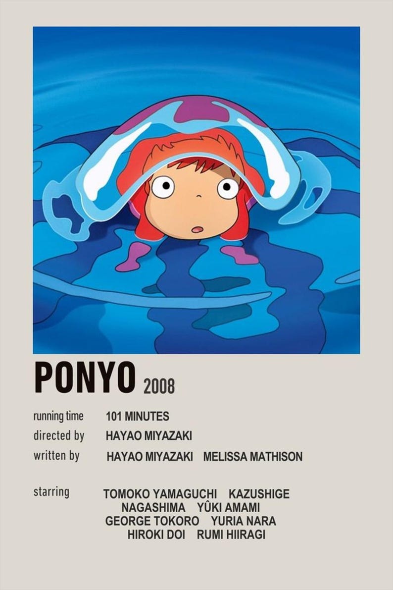 May include: Poster for the animated film "Ponyo" (2008) featuring a character with red hair and a surprised expression, surrounded by blue water. The poster includes the film's title, year, and credits.