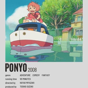 May include: Poster for the animated film "Ponyo" (2008). The image shows a young girl on a boat, with the film's title and credits at the bottom. The genre is adventure, comedy, and fantasy.