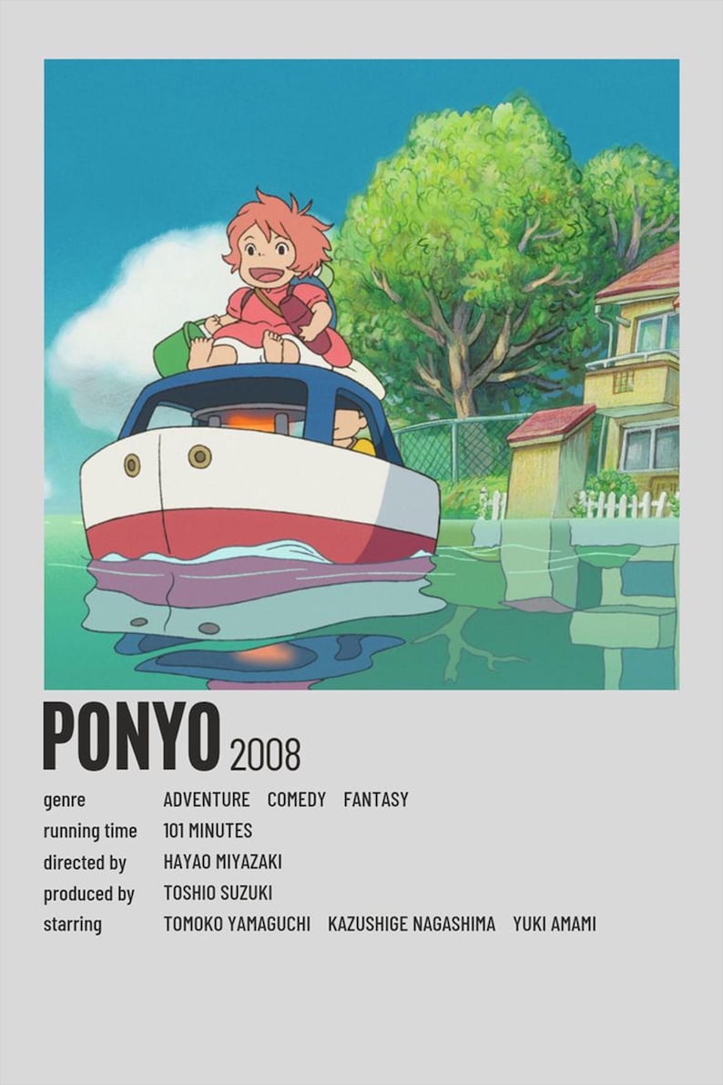 May include: Poster for the animated film "Ponyo" (2008). The image shows a young girl on a boat, with the film's title and credits at the bottom. The genre is adventure, comedy, and fantasy.