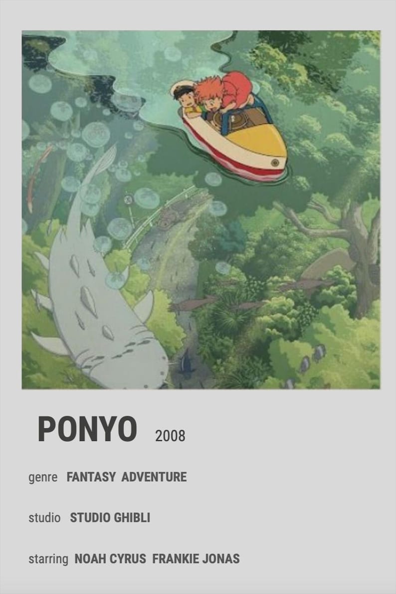 May include: Poster for the animated film "Ponyo" featuring a boat with three characters, a large fish, and lush green foliage. The film's title, year, genre, studio, and cast are listed below.