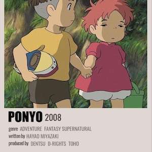 May include: A poster featuring two animated children from the movie "Ponyo". One child wears a yellow shirt and holds a blue and white object. The other child wears a red dress. The poster includes the movie title, year, and credits.