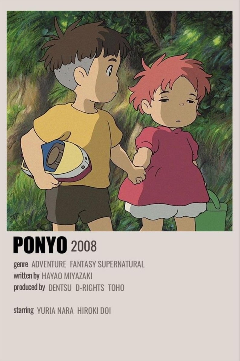 May include: A poster featuring two animated children from the movie "Ponyo". One child wears a yellow shirt and holds a blue and white object. The other child wears a red dress. The poster includes the movie title, year, and credits.