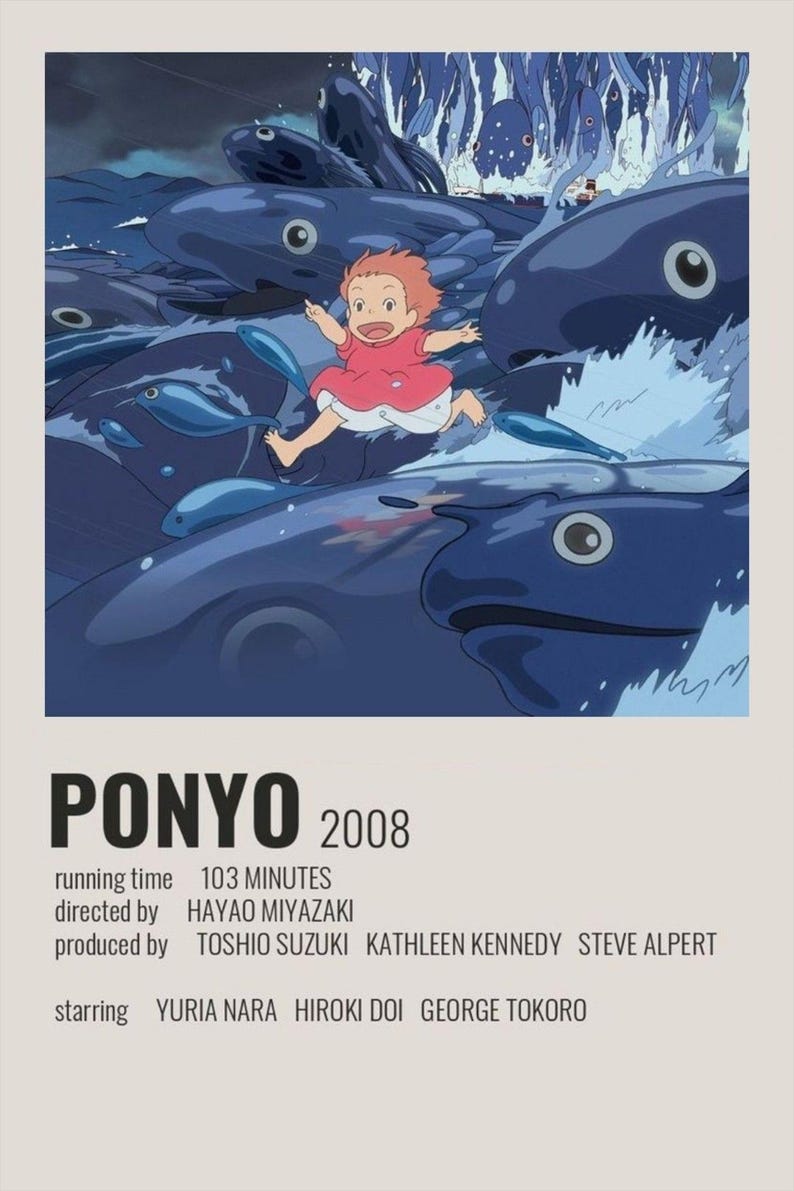 May include: Poster for the animated film "Ponyo" (2008) featuring a young girl in a red dress running across large, blue fish-like creatures in a sea of blue. The poster includes the film's title, year, and credits.