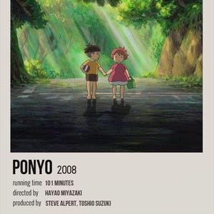 May include: Poster for the animated film "Ponyo" (2008) featuring two children holding hands on a wet road under a canopy of trees. The poster includes the film's title, year, runtime, director, producer, and starring actors.