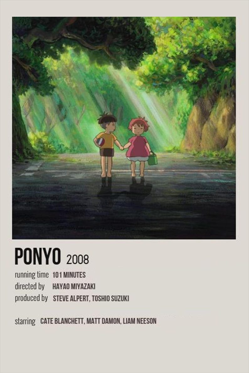 May include: Poster for the animated film "Ponyo" (2008) featuring two children holding hands on a wet road under a canopy of trees. The poster includes the film's title, year, runtime, director, producer, and starring actors.