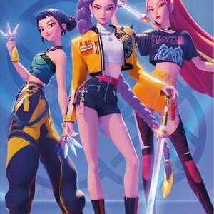 May include: Digital illustration of three female characters from the "HUNTRX" series. The characters are in stylish outfits, holding weapons, and have vibrant hair colors. The background is a gradient of blue.