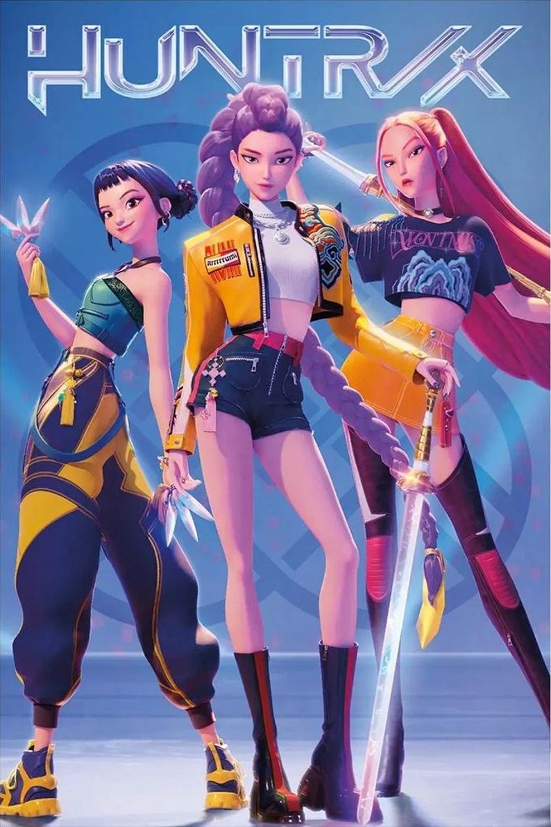 May include: Digital illustration of three female characters from the "HUNTRX" series. The characters are in stylish outfits, holding weapons, and have vibrant hair colors. The background is a gradient of blue.
