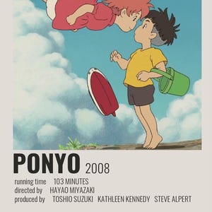 May include: Poster for the animated film "Ponyo" (2008). The image features two cartoon characters, one in a red dress floating in the sky and another in a yellow shirt and shorts. The poster includes the film's title and credits.
