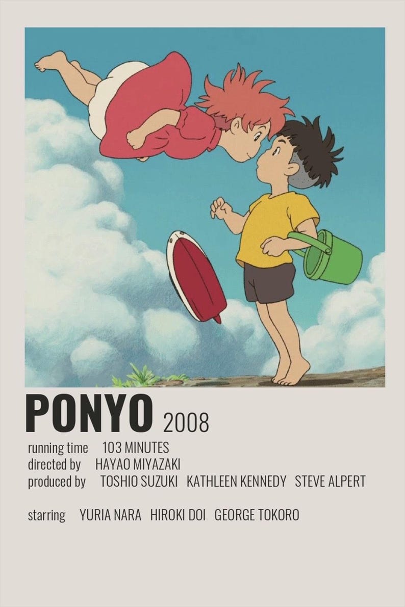 May include: Poster for the animated film "Ponyo" (2008). The image features two cartoon characters, one in a red dress floating in the sky and another in a yellow shirt and shorts. The poster includes the film's title and credits.