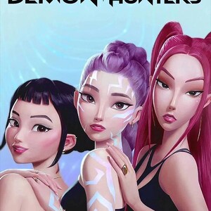 May include: Digital illustration featuring three stylized women with vibrant hair colors: black, purple, and red. The image has the text "KPOP DEMON HUNTERS" at the top. The women are wearing black tops and have intricate face and body art.