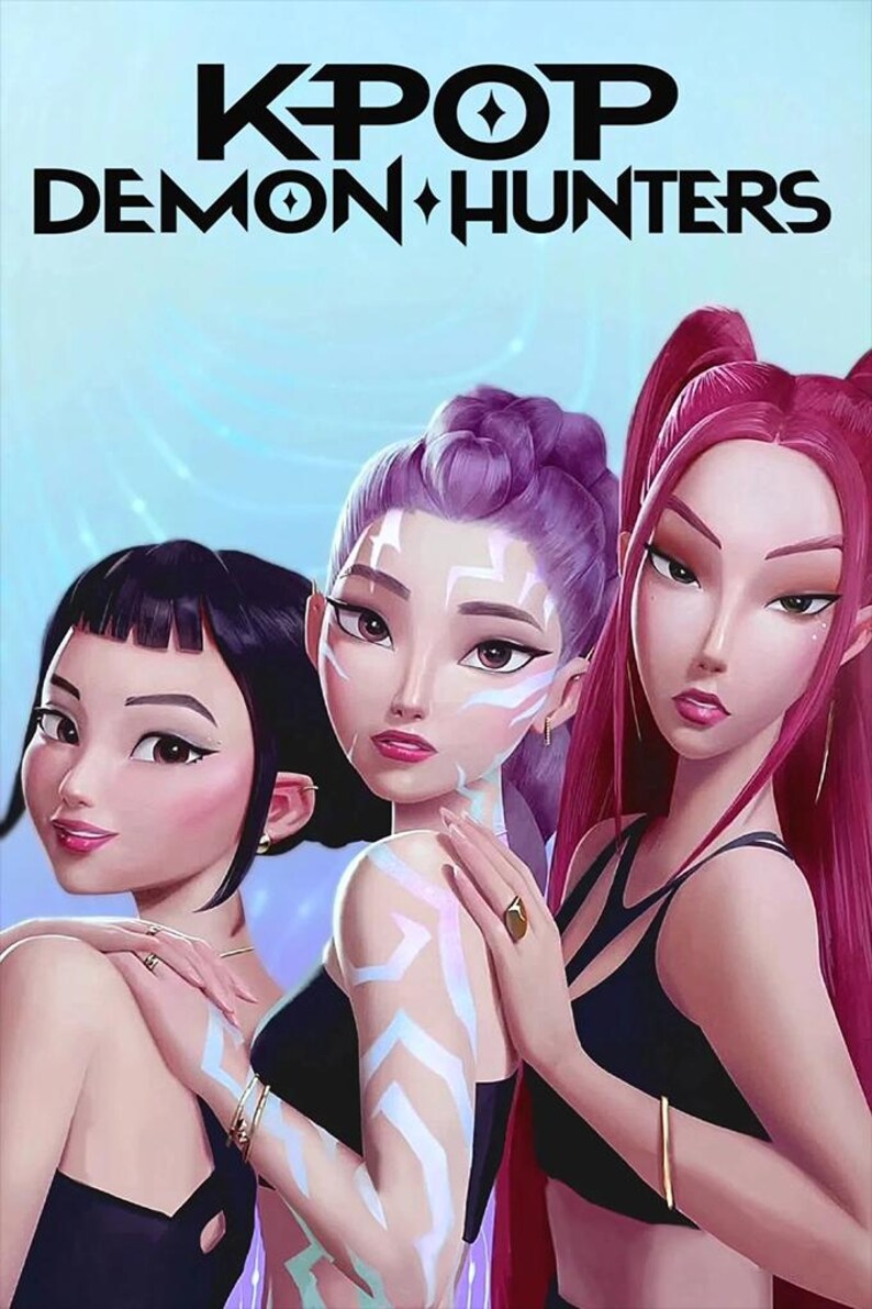 May include: Digital illustration featuring three stylized women with vibrant hair colors: black, purple, and red. The image has the text "KPOP DEMON HUNTERS" at the top. The women are wearing black tops and have intricate face and body art.