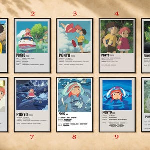 May include: A collection of ten framed posters featuring scenes from the animated film "Ponyo." Each poster has a minimalist design with a central image and the film's title and year. The posters are arranged in two rows of five.