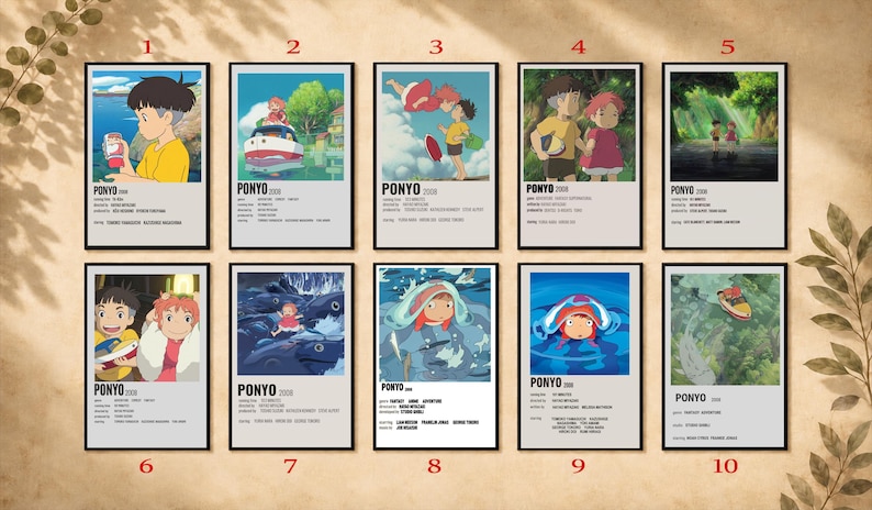 May include: A collection of ten framed posters featuring scenes from the animated film "Ponyo." Each poster has a minimalist design with a central image and the film's title and year. The posters are arranged in two rows of five.