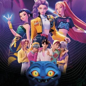 May include: Digital illustration featuring a group of stylized characters, likely from a K-Pop group, with a large blue cat in the foreground. The title "KPOP DEMON HUNTERS" is displayed at the bottom. The color palette includes blues, purples, and yellows.
