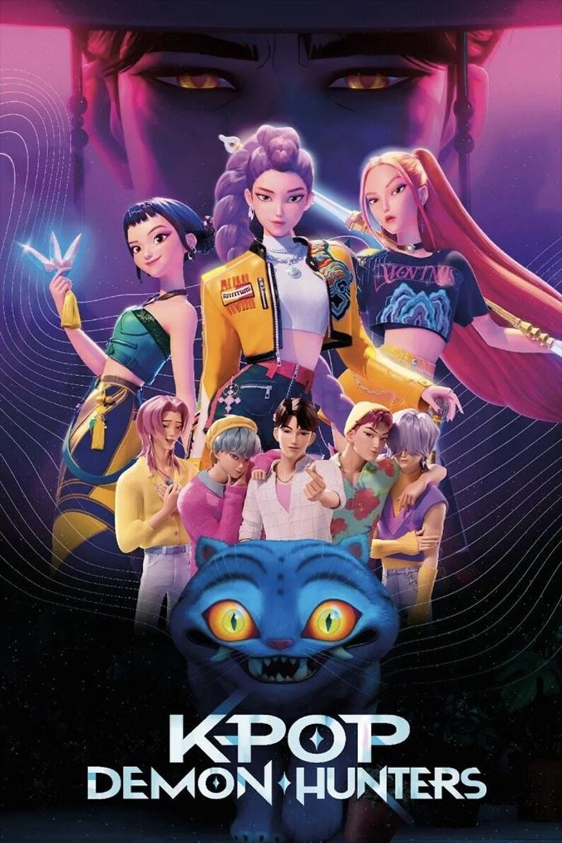 May include: Digital illustration featuring a group of stylized characters, likely from a K-Pop group, with a large blue cat in the foreground. The title "KPOP DEMON HUNTERS" is displayed at the bottom. The color palette includes blues, purples, and yellows.