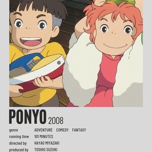 May include: Poster for the animated film "Ponyo" (2008) featuring two cartoon characters. One holds a toy boat, the other holds a glowing lantern. The poster includes the film's genre, runtime, director, producer, and starring cast.