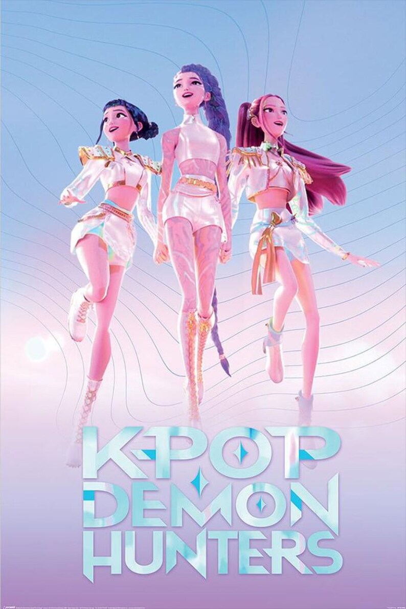 May include: An animated poster featuring three stylized female figures in white and gold outfits, with long hair in shades of blue and pink. The text "KPOP DEMON HUNTERS" is displayed in a teal font at the bottom of the image, set against a gradient background.