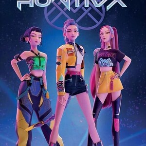 May include: Digital illustration featuring three stylized female figures in fashionable outfits. The image has the word "HUNTRAX" in white, stylized text at the top. The figures are in dynamic poses, with vibrant colors and futuristic designs.