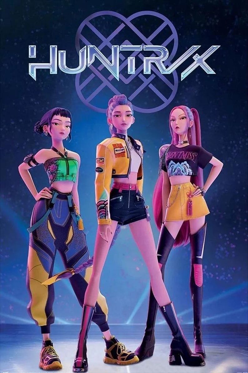 May include: Digital illustration featuring three stylized female figures in fashionable outfits. The image has the word "HUNTRAX" in white, stylized text at the top. The figures are in dynamic poses, with vibrant colors and futuristic designs.