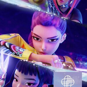 May include: Digital illustration featuring three stylized female characters with vibrant hair colors: pink, purple, and dark blue. They are in a dynamic pose, holding a glowing weapon. The image includes the text "KPOP DEMON HUNTERS".