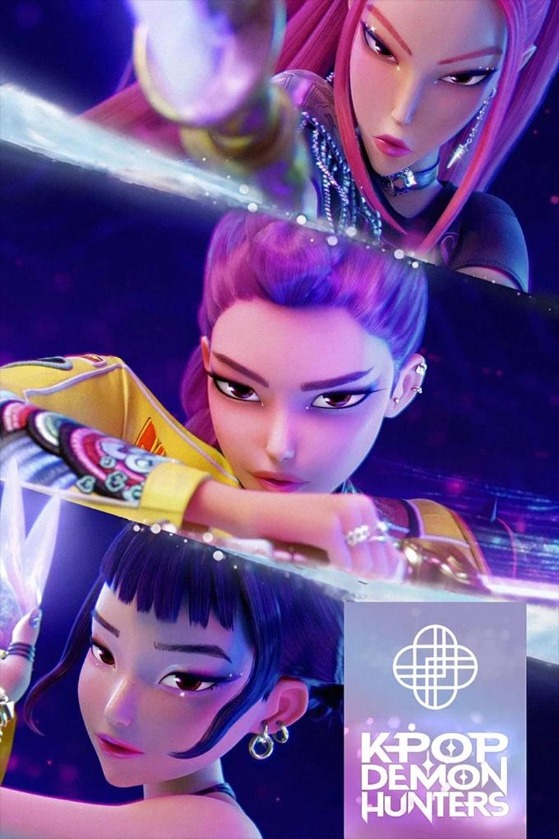 May include: Digital illustration featuring three stylized female characters with vibrant hair colors: pink, purple, and dark blue. They are in a dynamic pose, holding a glowing weapon. The image includes the text "KPOP DEMON HUNTERS".