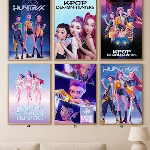 May include: A collection of six framed posters featuring stylized illustrations of K-Pop group members. The posters display the text "HUNTRX" and "KPOP DEMON HUNTERS" in various designs, with vibrant colors and dynamic poses.