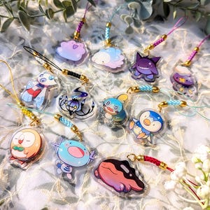 PKMN Ditto Snom Piplup Gengar Drifloon Froslass Chandelure Rowlet Sobble Wooper Clodsire dark type water type 1.4in [Phone Charm]