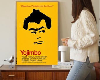 Póster vintage de la película japonesa Yojimbo (1961), dirigida por Akira Kurosawa. Impresión artística de alta calidad, acabado semibrillante, ideal para decoración de pared. Clásico del cine de samuráis.