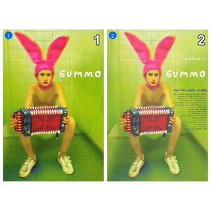 May include: A film poster for Gummo featuring a person wearing a bright pink bunny ear hat, holding a red and blue accordion. The background is a lime green tiled wall. The text Gummo is printed in white. The second version includes additional credits.
