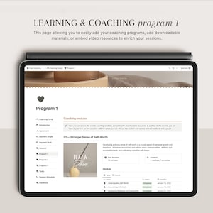 May include: Screenshot of a computer screen showing a coaching program interface. The program is called "Learning & Coaching Program 1" and includes a module called "Stronger Sense of Self-Worth". The module has three tasks: Understanding Self-Worth, Overcoming Self-Doubt, and Developing Resilience and Coping Skills.