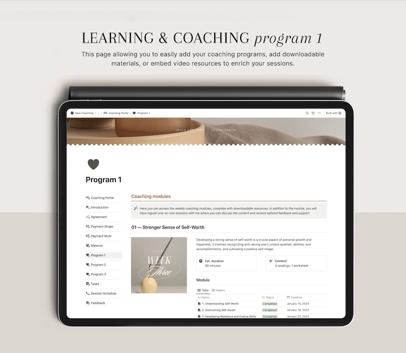 May include: Screenshot of a computer screen showing a coaching program interface. The program is called "Learning & Coaching Program 1" and includes a module called "Stronger Sense of Self-Worth". The module has three tasks: Understanding Self-Worth, Overcoming Self-Doubt, and Developing Resilience and Coping Skills.