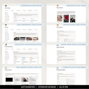 May include: A digital planner interface with sections such as "Testimonial/Milestone," "Manifest Your Vision," and "Checklist for Business Setup." The interface has a light beige background with blue text and headings. The bottom of the interface reads "Easy Navigation - Integrated Database - All-in-One."