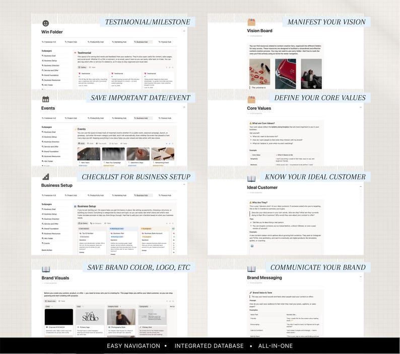 May include: A digital planner interface with sections such as "Testimonial/Milestone," "Manifest Your Vision," and "Checklist for Business Setup." The interface has a light beige background with blue text and headings. The bottom of the interface reads "Easy Navigation - Integrated Database - All-in-One."
