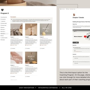 May include: A screenshot of a website showing a coaching program with a detailed breakdown of each module. The program is called "Building Stronger Sense of Self-Worth" and includes a video, downloadable materials, and questions to help users learn and grow.