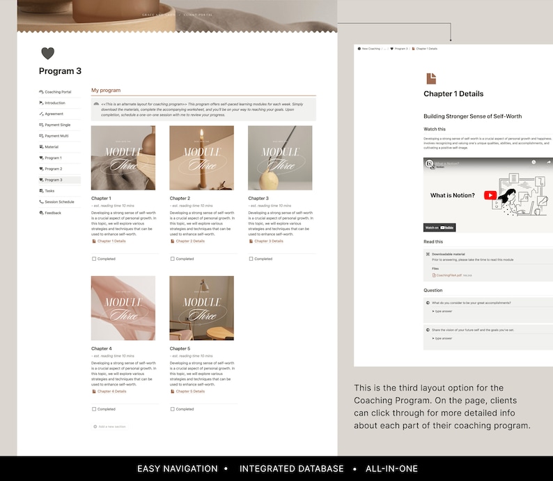 May include: A screenshot of a website showing a coaching program with a detailed breakdown of each module. The program is called "Building Stronger Sense of Self-Worth" and includes a video, downloadable materials, and questions to help users learn and grow.