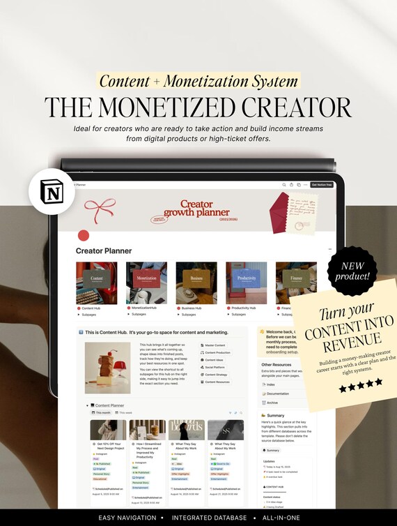 Notion Social Media Content and Business Planner: Content Creator Monetization Template